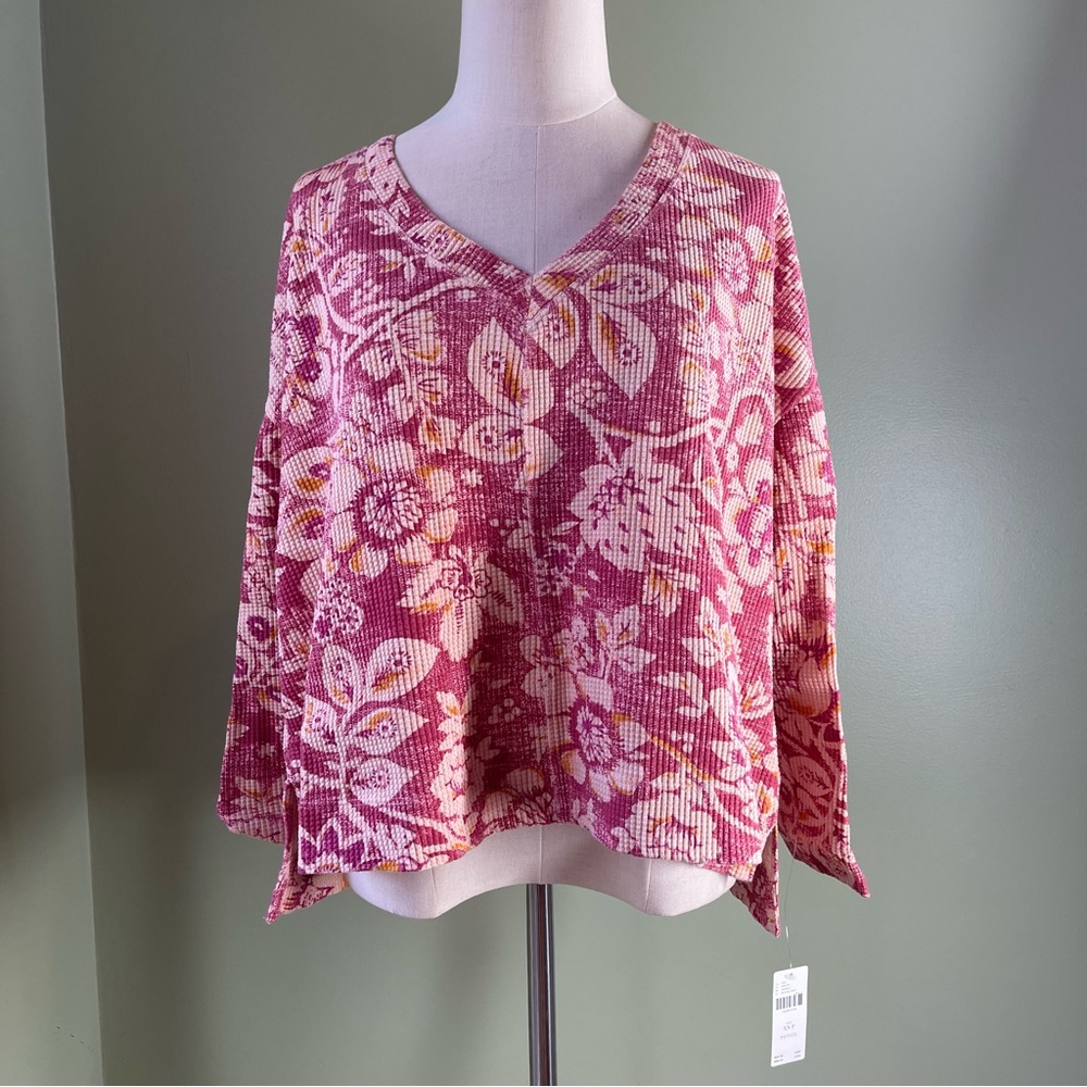Pilcro Anthropologie Multicolor Floral Knit 3/4 Sleeve Waffle Top - Size XSP